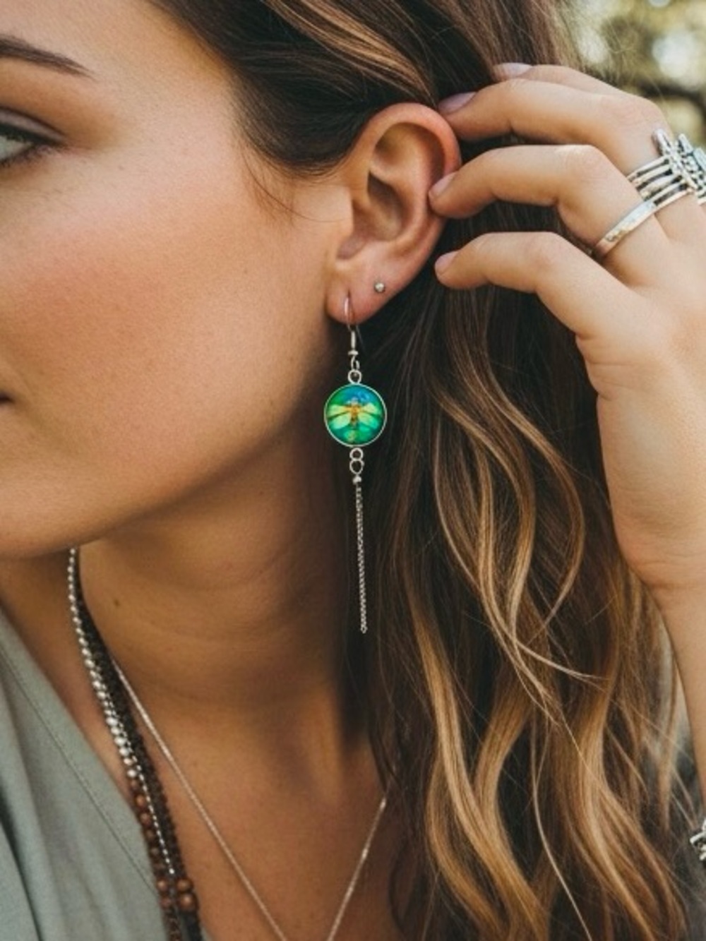 Emerald Dragonfly Chain Dangler Earrings